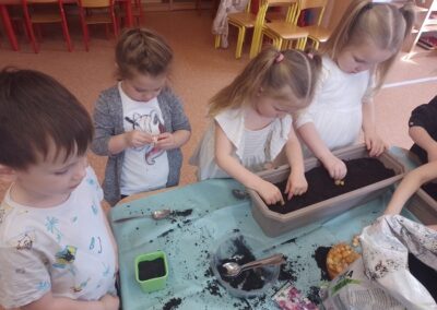 Dziewczynki sadzą cebulkę na szczypiorek.