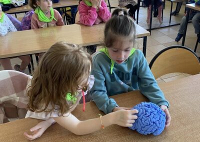 Dzieci obserwują model mózgu wydrukowany na drukarce 3D.